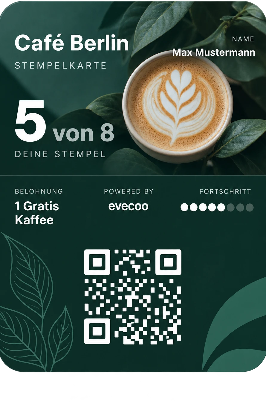 evecoo Stempelkarte von Café Berlin mit 5 von 8 gesammelten Stempeln und QR-Code zum Scannen
