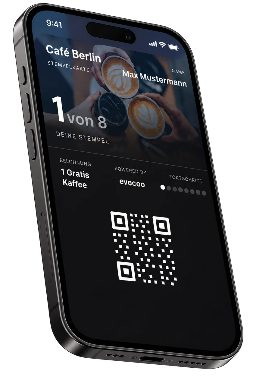 Stempelkarte von Café Berlin in der Apple Wallet, 1 von 8 Stempeln gesammelt