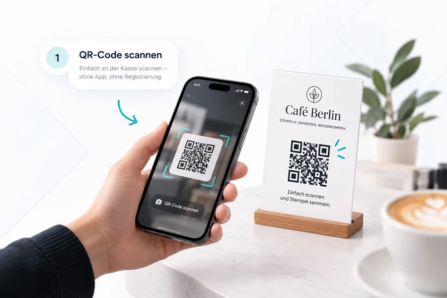 Gast scannt den QR-Code auf dem Aufsteller an der Kasse