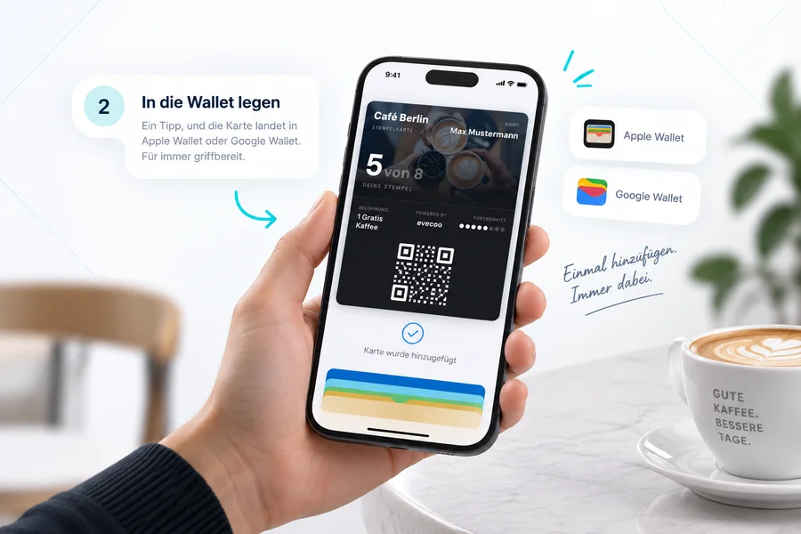 Die Stempelkarte wird in Apple Wallet oder Google Wallet gespeichert